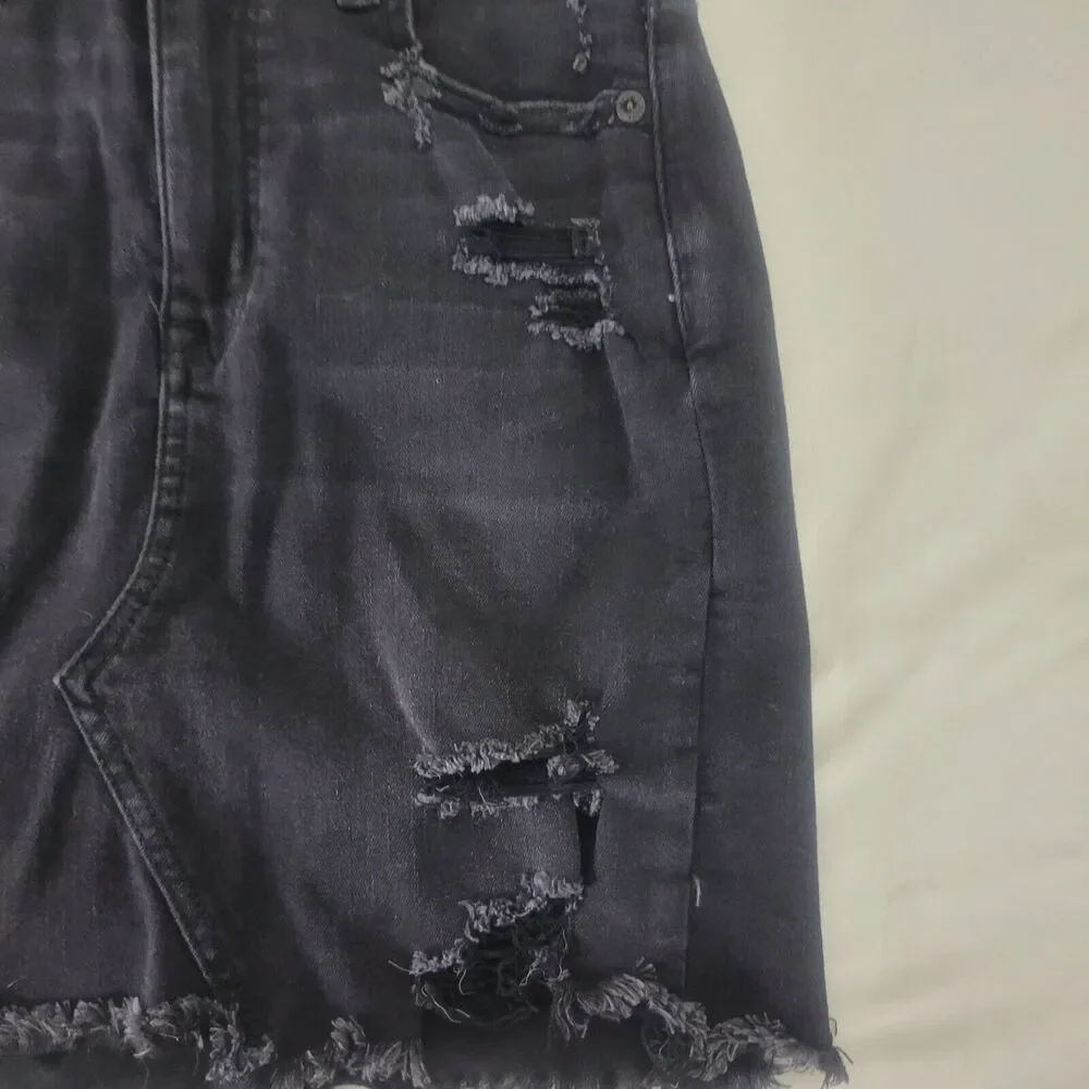 American Eagle Denim Mini Skirt Womens 00 Charcoal Destroyed‎ Raw Hem Distressed